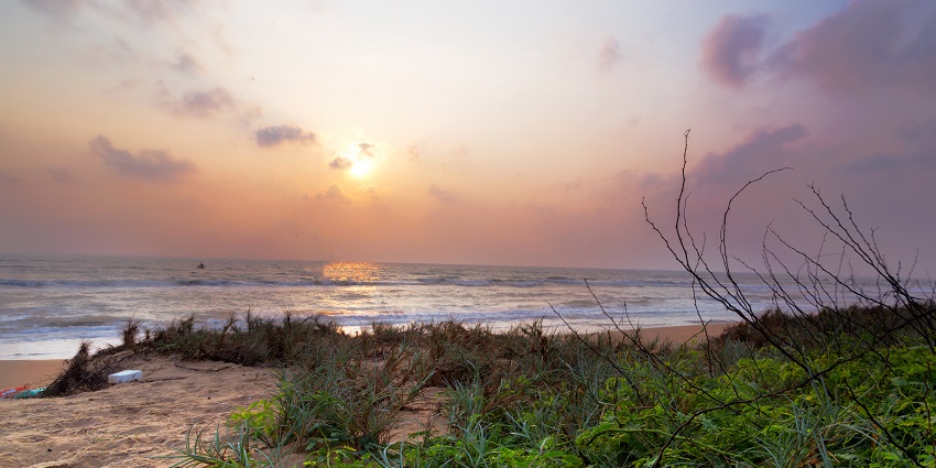A picture of a beach taken from the shore during sunset, making the whole sky orange