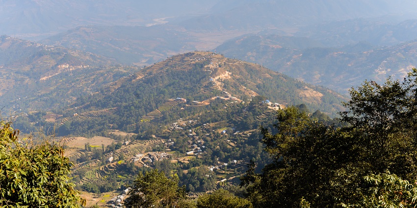 An exhilarating view of Nagarkot from a top angle from where lush greenery is visible.