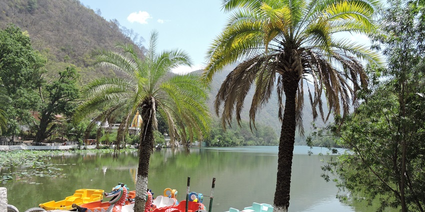 Image of Renuka Lake in Nahan, boats on the lake water and trees surrounded