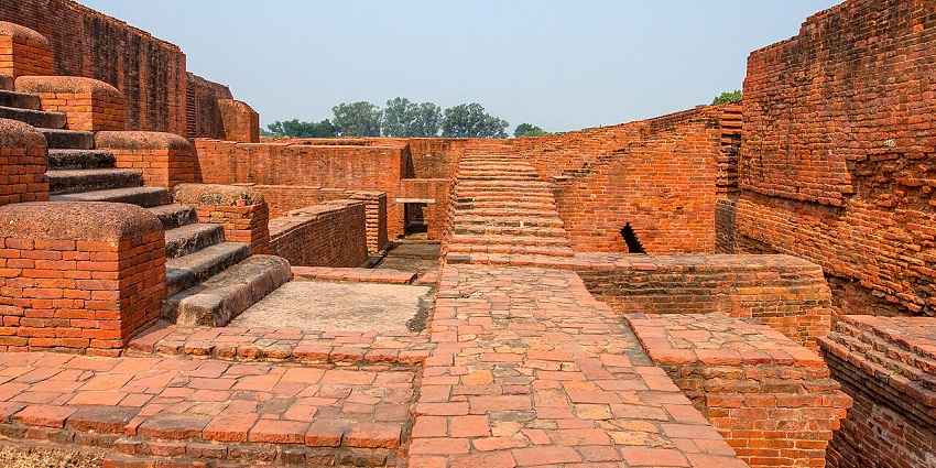 Courtyards of red bricks in the Nalanda University Ruins, near Nalanda Museum in Bihar.