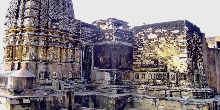 The gopuram tower with carvings of Neelkanth Temple, one of the holy temples in Alwar