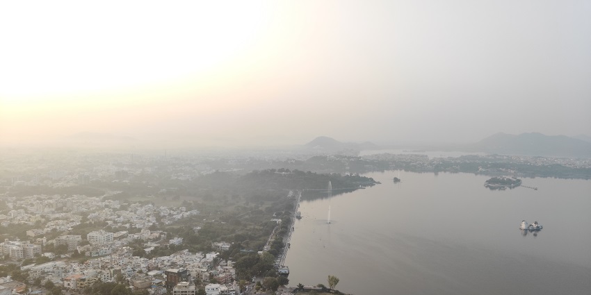 Aerial view from Neemach Mata Temple offers views of Udaipur and Aravallis