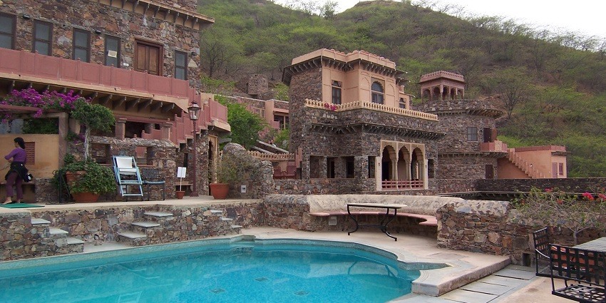 The picturesque view of Neemrana Fort from the pool side on the premises.