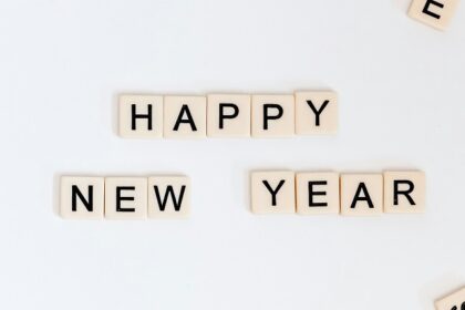 An amazing view of small scrabbles saying happy new year against a plain white surface.