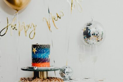 A glimpse of disco ball, balloon, and a cake on a table for celebrations in Rajasthan.