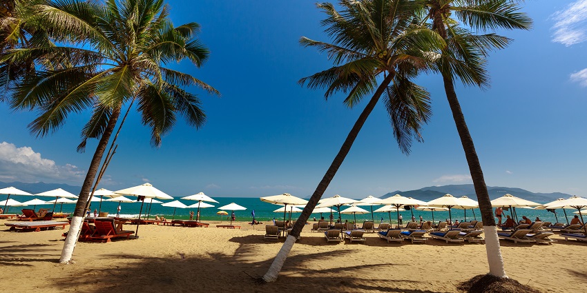 The afternoon view of the Beach of Nha Thang - bustling coastal city in southern Vietnam.