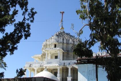 The exterior of Dilwara Temple, one of the temples in Mount Abu, with marble carvings.