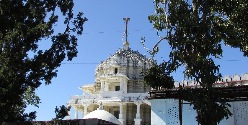 The exterior of Dilwara Temple, one of the temples in Mount Abu, with marble carvings.