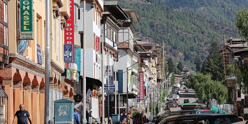 Norzin Lam Street in Thimphu, bustling with shops, a famous place for shopping in Bhutan.