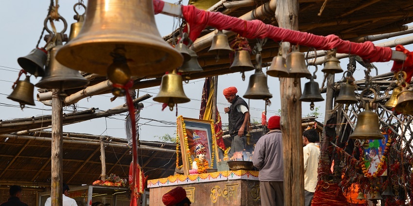 View of the Om Banna Temple in Pali, Rajasthan, featuring the small shrine during the day.