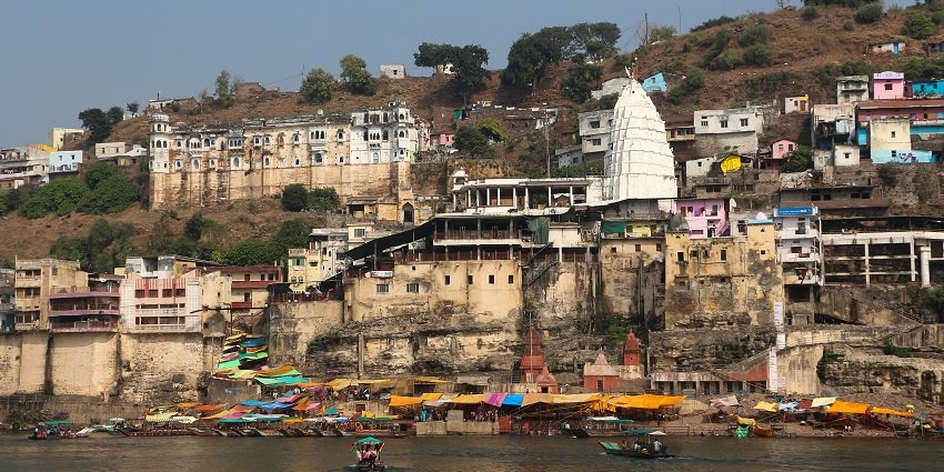 A detailed view of Omkareshwar Temple showcasing its intricate architecture and carved stone details.