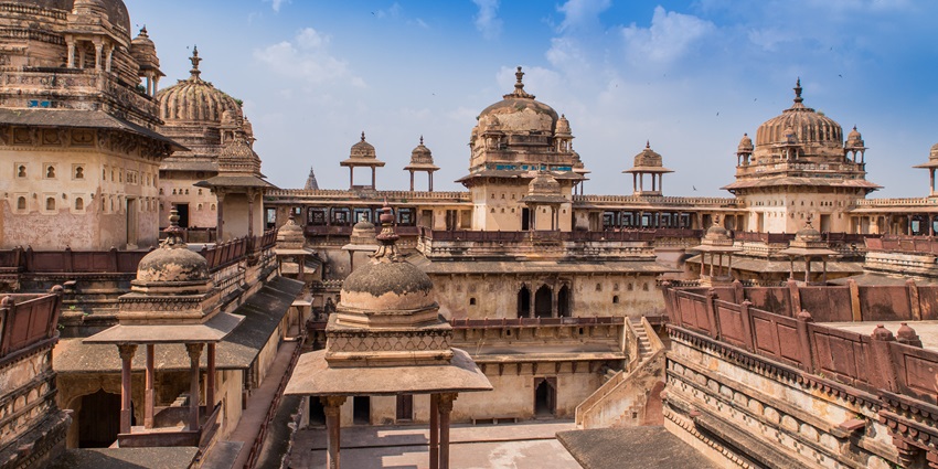 Raj Mahal, the grand five-storey Bundela palace in Orchha’s fort complex—places to visit near gwalior