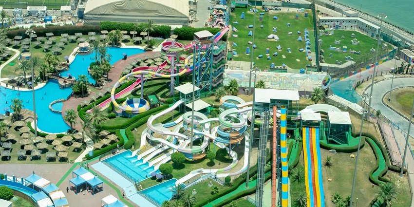 Aerial view of the water park, with all the waterslides and a big swimming pool