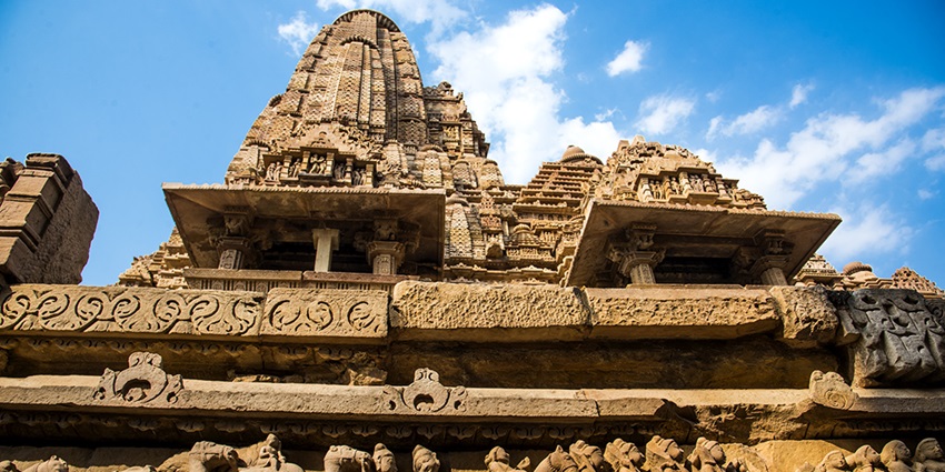 The landscape picture of the beautiful group of temples in the Khajuraho Temple Complex