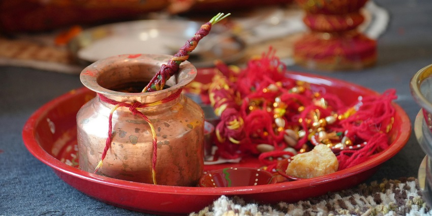 Pooja articles on pooja thali during hindu rituals - Subramanya Swamy Temple in Vijayawada