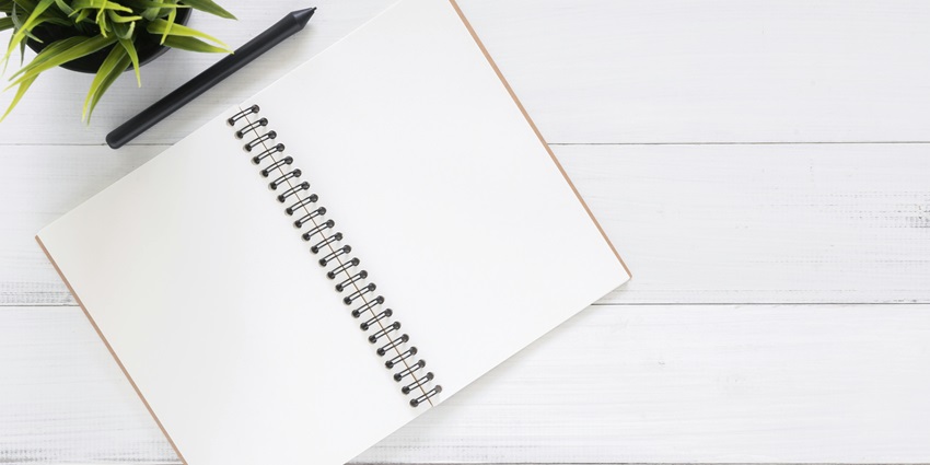 An aerial shot of a white notebook with a black pen on it and a plant on the side.