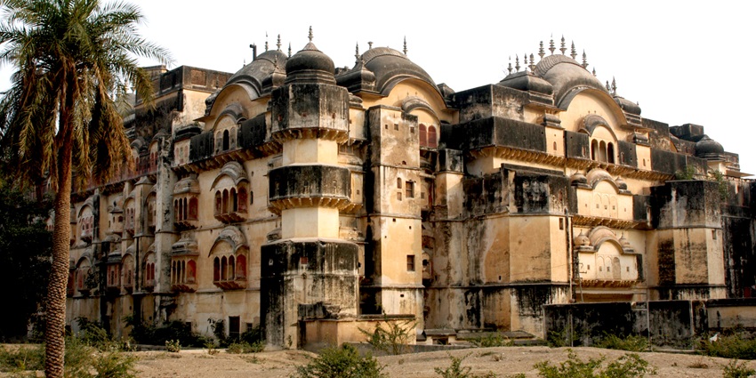 A picture of a fort in Alwar taken from a distance with tall trees visible in the surroundings