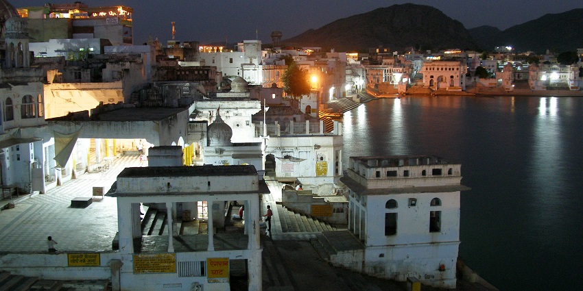 The panoramic view of the Ancient Pushkar lake and its surrounding at the night.