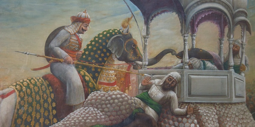 A depiction of the Battle of HaldiGhati, showcasing warriors engaged in a combat