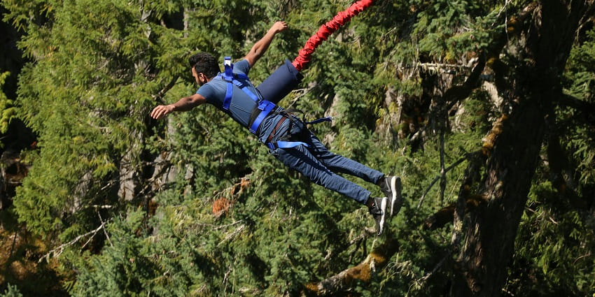 Image of a tourist bungee jumping down a cliff filled with dense forests