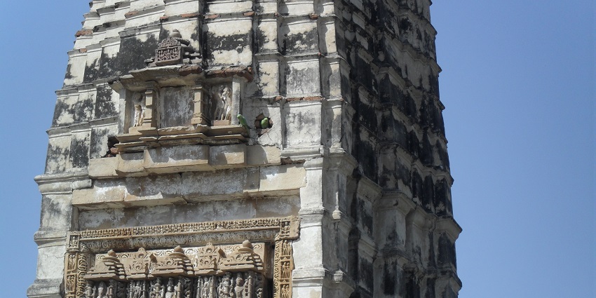 Temple in Khajuraho, featuring detailed carvings and sculptures on its exterior walls.
