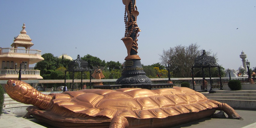 View of a wide tortoise inside the Chhatarpur temple with a tall pillar adorned with malas