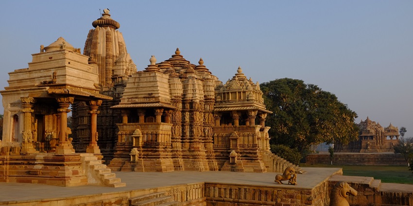 General view of the Devi Jagadambi Temple in Khajuraho, highlighting its elegant design and artistry.