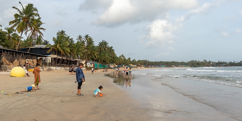 A picture of people enjoying at a beach in Goa with pine trees in the background