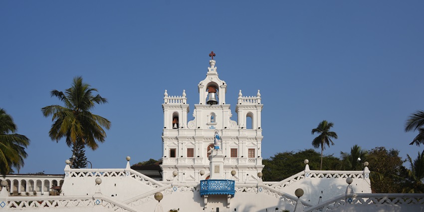 Panoramic view of the iconic Our Lady Of Immaculate Conception—Places to visit in Candolim.