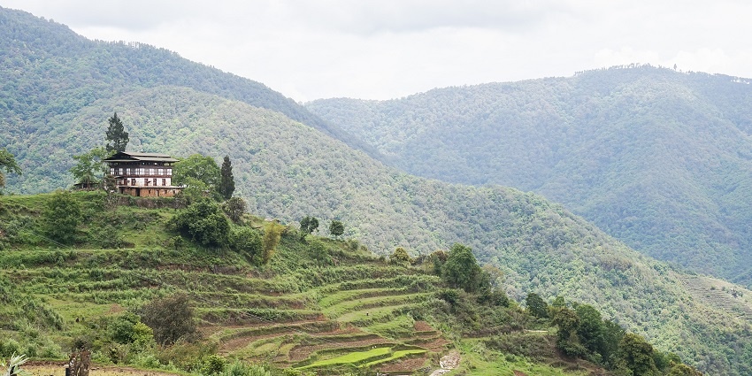 Picturesque place around Royal Manas National Park with rolling hills, lush forests, and a clear sky.