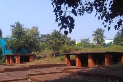 A scenic view of brick buildings set in a lush field, showcasing the Panchu Pandav Caves in Odisha.