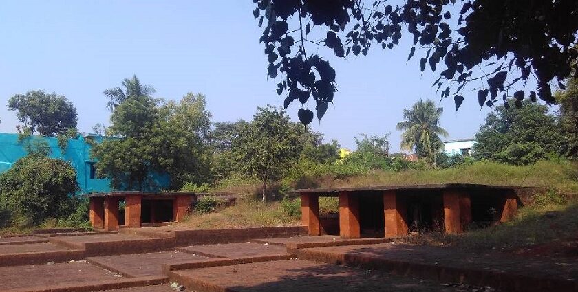 A scenic view of brick buildings set in a lush field, showcasing the Panchu Pandav Caves in Odisha.