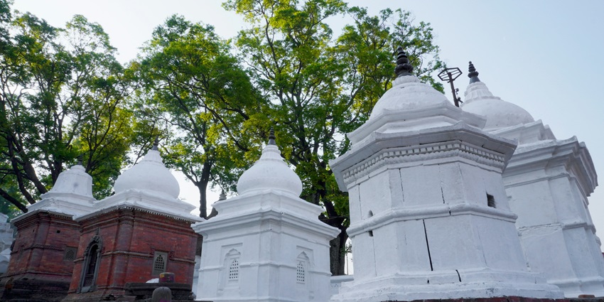 A picture of a Shiva Temple in Delhi with numerous buildings and greenery in the background
