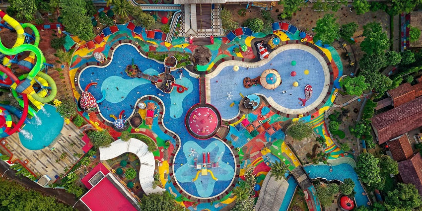 An aerial view of the colourful Paradise Water Park, one of the top water parks in Ranchi.