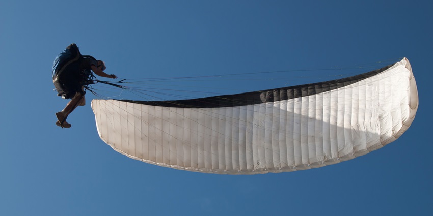 Image of a tourist on paragliding above the beach and under clear blue sky