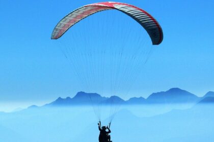 The aerial view of Shimla, from a paraglider, showcasing the Himalayan mountains.