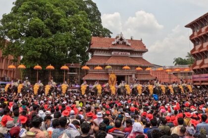 Elephants in front of a huge crowd at Paramekkavu Temple during the Pooram festival.