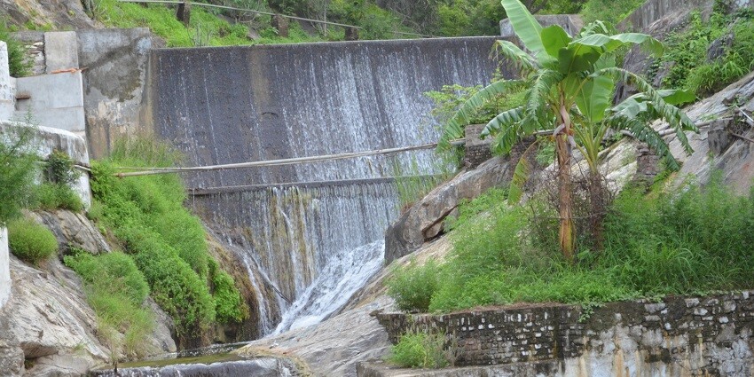 A view of the Parshuram Mahadev Temple near a waterfall, a tourist destination in Pali.