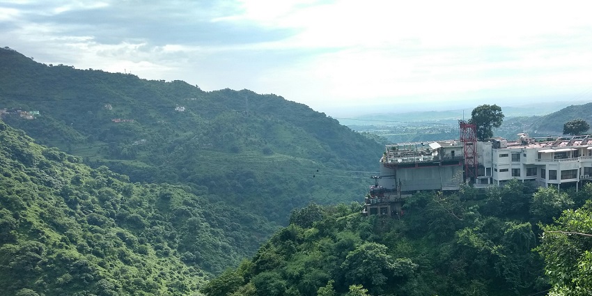 Panoramic image of the cable car ride over the gorge in Himachal which is an offbeat place near Chandigarh