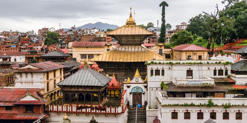 The Pashupatinath Temple in Kathmandu, Nepal, an important Hindu site by the Bagmati River.