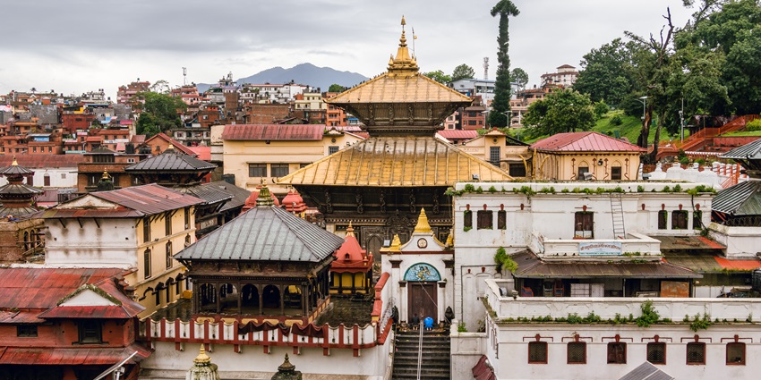 Pashupatinath Temple, a significant Kathmandu temple by the Bagmati River in Nepal.