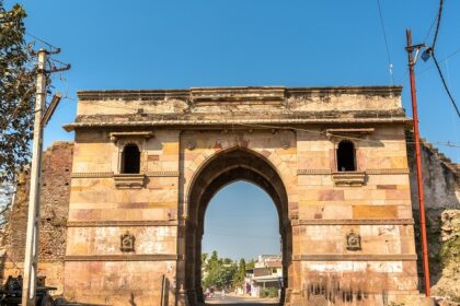 Agharai Gate in Patan, Gujarat, India, featuring ancient architectural details and stone carvings