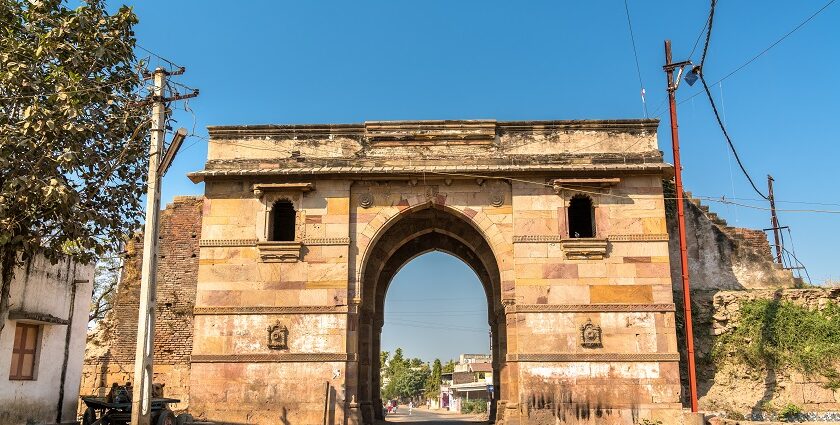 Agharai Gate in Patan, Gujarat, India, featuring ancient architectural details and stone carvings