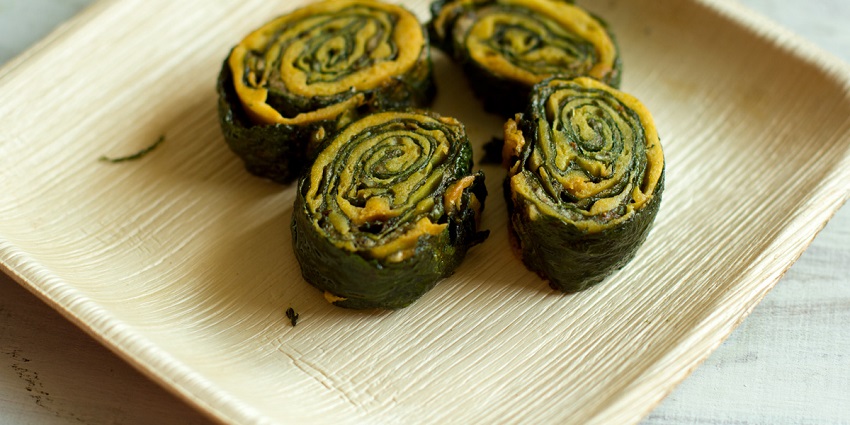 Patra, made from colocasia leaves and gram flour, fried to crisp, is a healthy snack.
