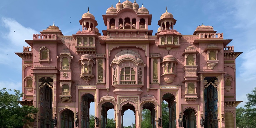 Patrika Gate is a colourful and intricately designed structure featuring detailed artwork and traditional Rajasthani architecture