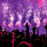 An image showing the crowd enjoying fireworks and different tunes of music.