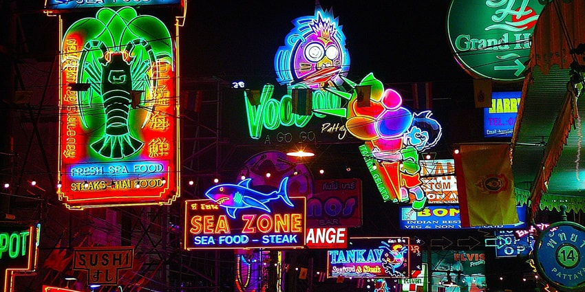 A glimpse of Pattaya Night Bazaar, a hotspot to enjoy Pattaya nightlife for couples.