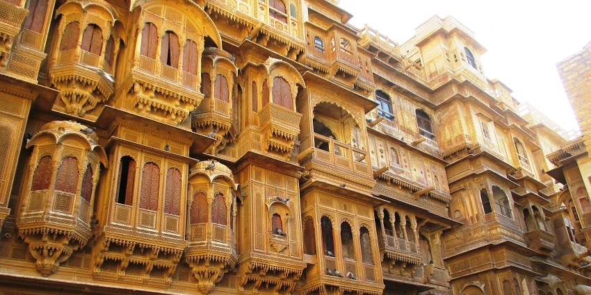 The intricately carved façade of Patwon Ki Haveli, a famous place near The Thar Heritage Museum.