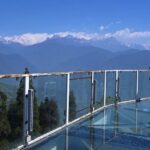 Panoramic view of the beautiful summits of Mount Himalaya from the sky bridge in Pelling