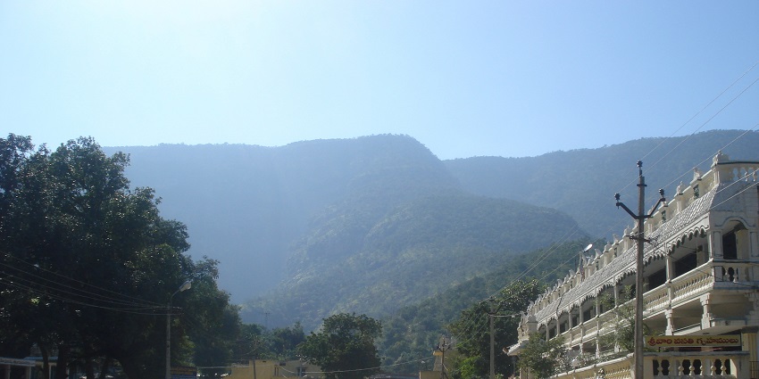A picture of a street in a town with a mountain in front having trees spread all around